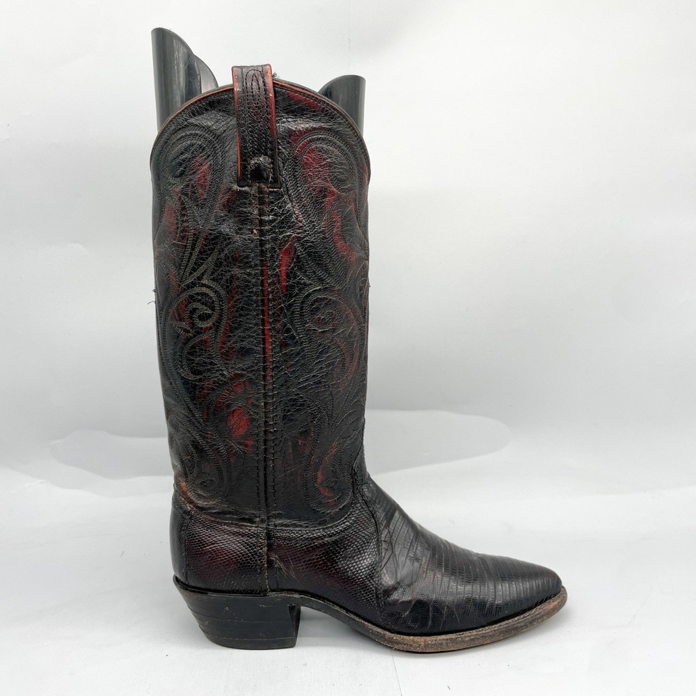 VTG Dan Post Womens 7.5M Black Cherry Teju Lizard Western Cowboy Boots Cowgirl